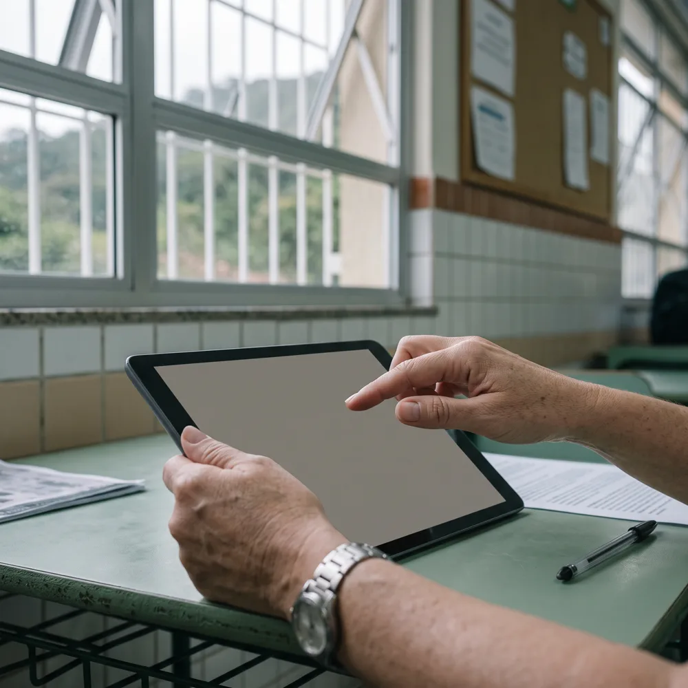 Mãos de uma profissional da educação selecionando opções na tela de um tablet, sobre a mesa da escola.