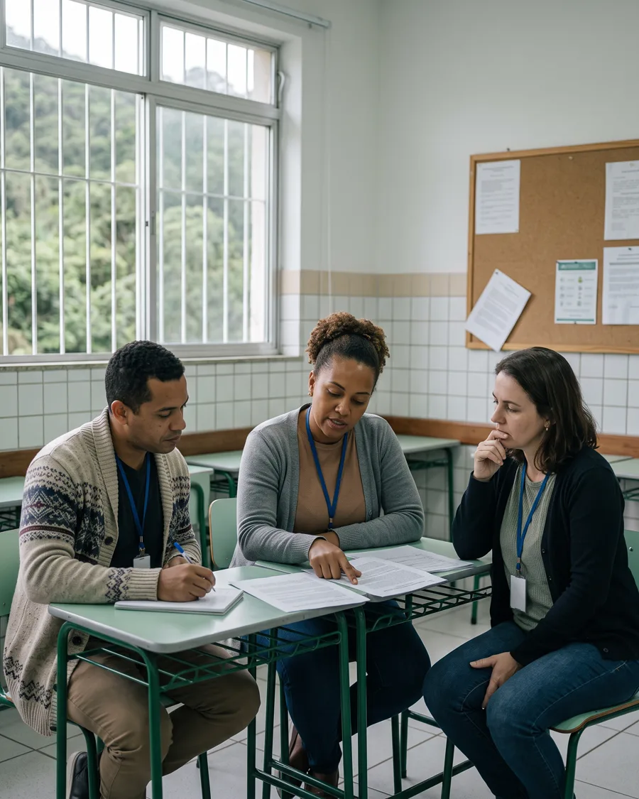 Direção e coordenação de escola reunidas em torno de documentos abertos, decidindo com calma.