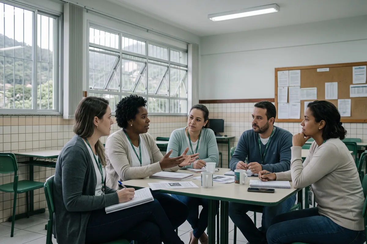 Grupo de educadores de diferentes idades reunidos em torno da mesa da biblioteca da escola, em um momento de aprendizado.