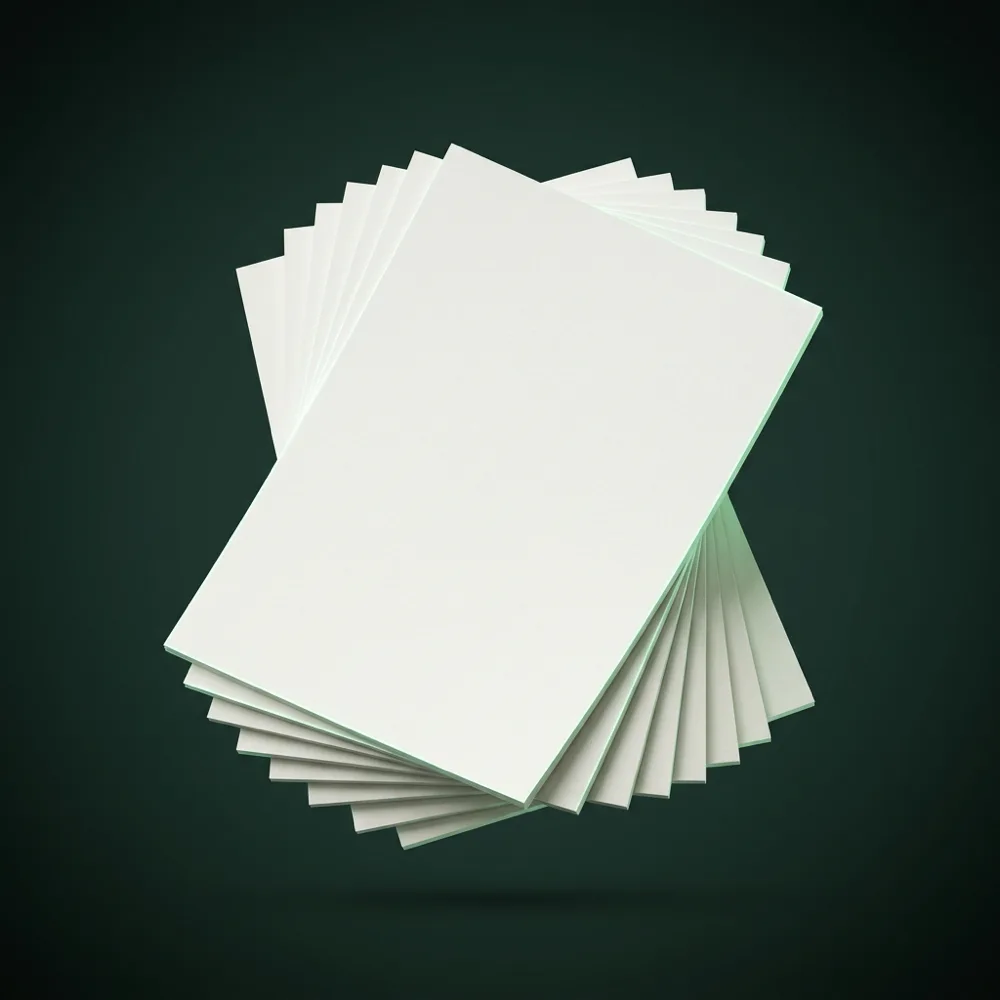 Conjunto de documentos em branco dispostos em leque, flutuando sobre fundo verde escuro, com luz de recorte verde clara nas bordas