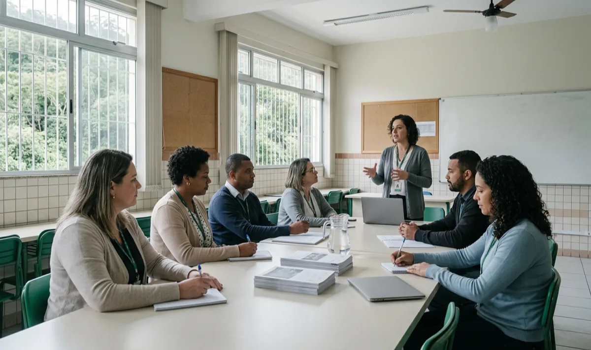 Sessão presencial da Consultoria Programada na biblioteca de uma escola, com sete profissionais sentados à mesa e a facilitadora em pé conduzindo o encontro.