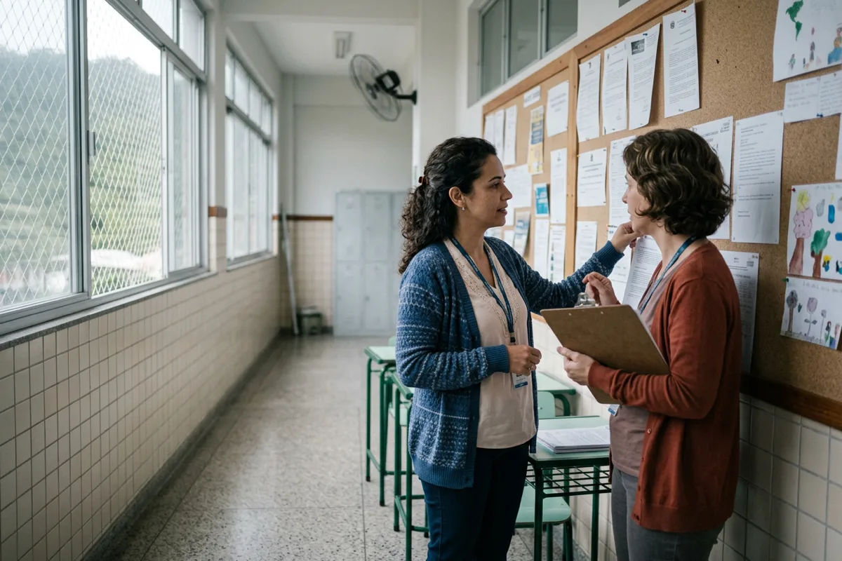 Duas coordenadoras pedagógicas conversando diante de um mural de cortiça no corredor de uma escola, uma delas segurando uma prancheta.