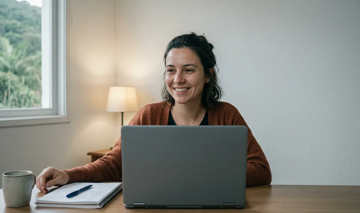 Professora sorrindo enquanto estuda o curso online de educação especial em casa, com o notebook de costas para a câmera e um caderno de anotações ao lado.