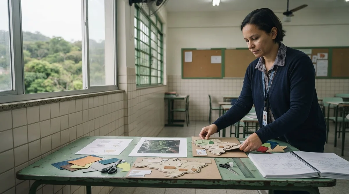 Professora preparando o mesmo conteúdo curricular em formatos impresso, ampliado e tátil