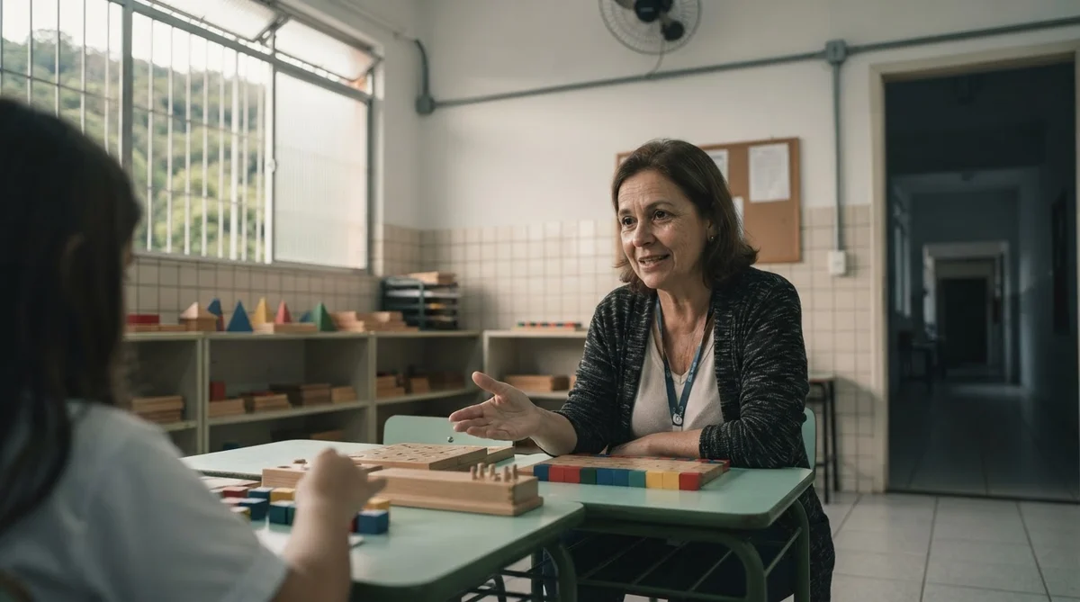 Professora com especialização conduzindo atendimento educacional especializado na sala de recursos