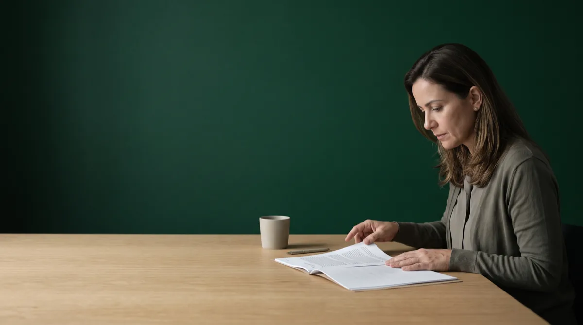 Professora com especialização revisando as páginas de um Plano de AEE sobre uma mesa, diante de uma parede verde
