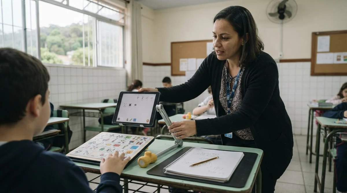Estudante usando tablet em suporte articulado e prancha de comunicação na sala de aula comum