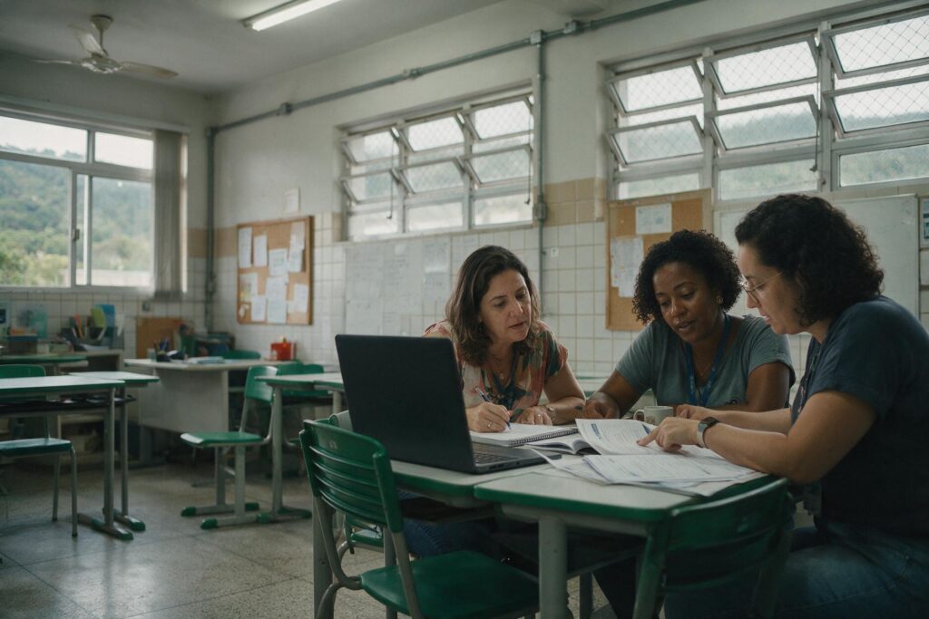 Coordenadora pedagógica e duas professoras acompanhando juntas o curso online de educação especial na sala da escola, com material impresso e caderno de anotações sobre a mesa.